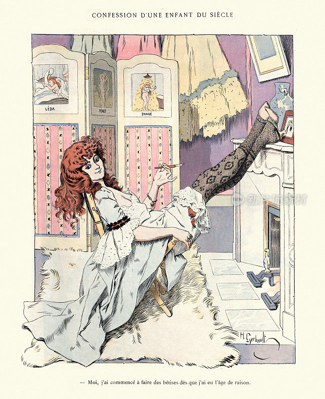 Free spirited carefree young woman, smoking, stockings, Belle Époque, Vintage French satirical cartoon